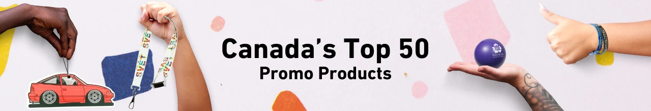 artwork of multiple different popular promotional products and the message 'Looking for popular promotional products? Browse Canada's top 50!' displayed