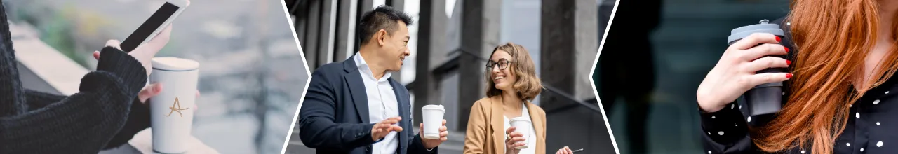 Custom travel mugs and tumblers used by people to enjoy beverages during their working day in Toronto.