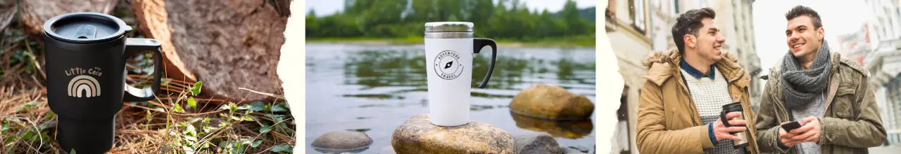 Travel mugs with custom logos are being used outdoors in nature and while enjoying a day of shopping in downtown Toronto.