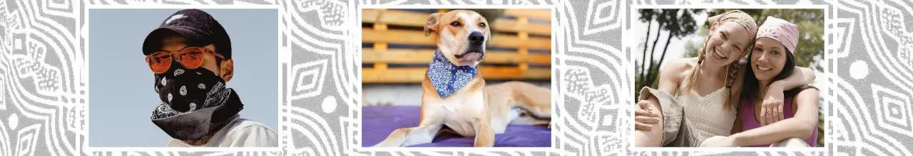 Branded bandanas and custom tube headwear being worn by people outside and a dog relaxing on vacation in the Muskokas.