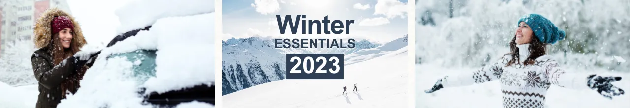 Two women dressed for the Canadian winter are outside in the snowfall in Alberta. One is scraping the snow off her car before work, and the other is enjoying the winter weather. Between them, an image of people hiking in the snow for a mountaineering expedition shows the importance of being prepared for the cold.