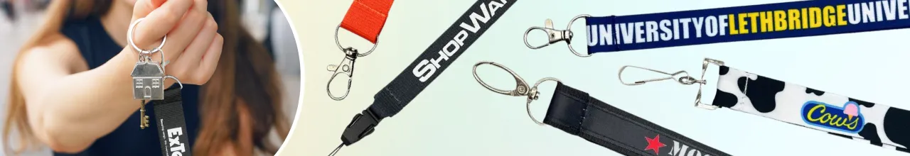 Customized wrist lanyards in various styles beside a new home owner in Canada with her keys attached to a black, short lanyard.