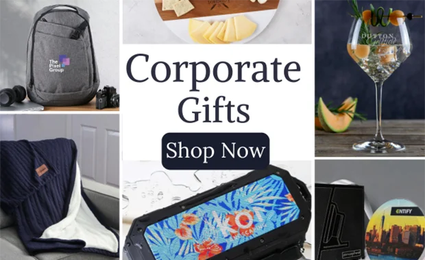 Branded corporate gifts arranged on display for Canadian business gifting.