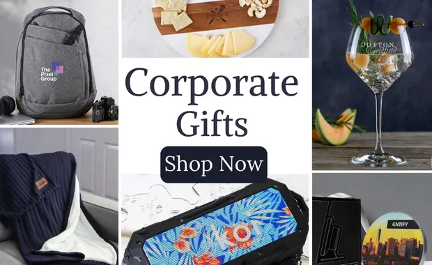 Branded corporate gifts arranged on display for Canadian business gifting.