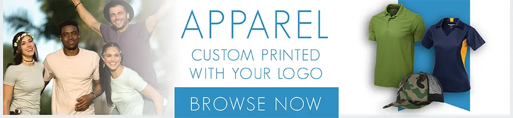 photo of a group of people wearing promotional t-shirts on the left; photos of several custom shirts and caps on the right