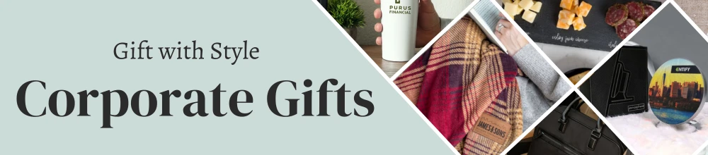 corporate employees enjoying branded products at home with the message 'Give Great Corporate Gifts They'll Love' displayed