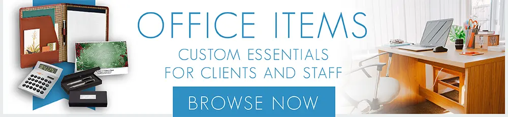 photos of several custom office items on the left; photo of several office essentials sitting on a desk on the right
