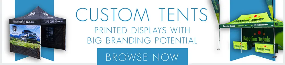 photo of a 10x10 custom tent on the left; photo of a full 10x20 printed tent package on the right