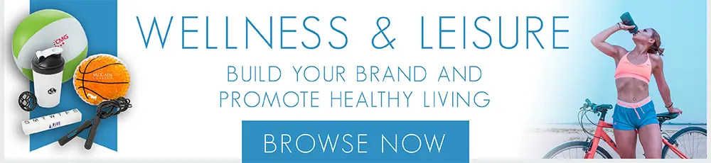 photos of several custom wellness and leisure products on the left; photo of a woman re-hydrating beside her bicycle on the right