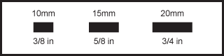 10mm (3/8in), 15mm (5/8in), 20mm (3/4in) available