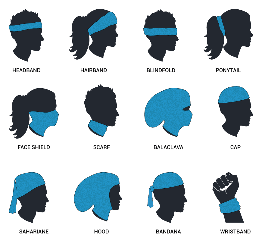 Ways to Wear; headband, hairband, blindfold, ponytail, face shield, scarf, balaclava, cap, sahariane, hood, bandana, wristband